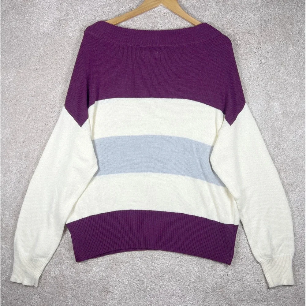 NWT Lucky Brand Womens Striped Boat Neck Long Sleeve Pullover Sweater Burgundy L